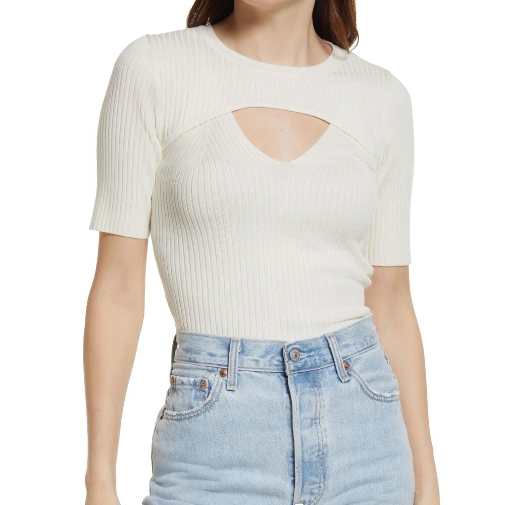 VERO MODA Women's Willow Cutout Detail Rib Knit Sweater Size XL Off White